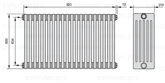 Схема (чертеж) Радиатор Zehnder Charleston 6090/20 №1270 Белый глянцевый RAL 9016
